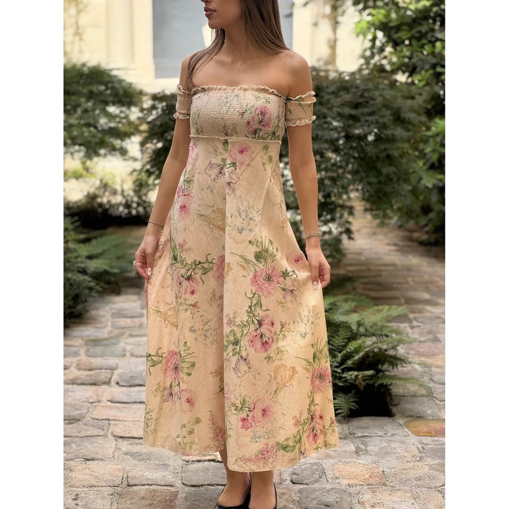 Zimmermann Maxi Dress Iris Linen Blend Off Shoulder Smocked Cream Floral Sz 3 Lg